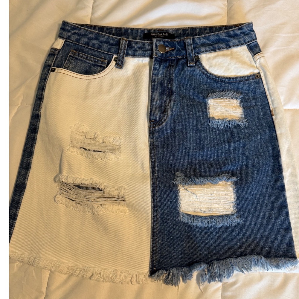 American Bazi Denim Skirt Womens M Blue White Excellent Two Tone Distressed Mini